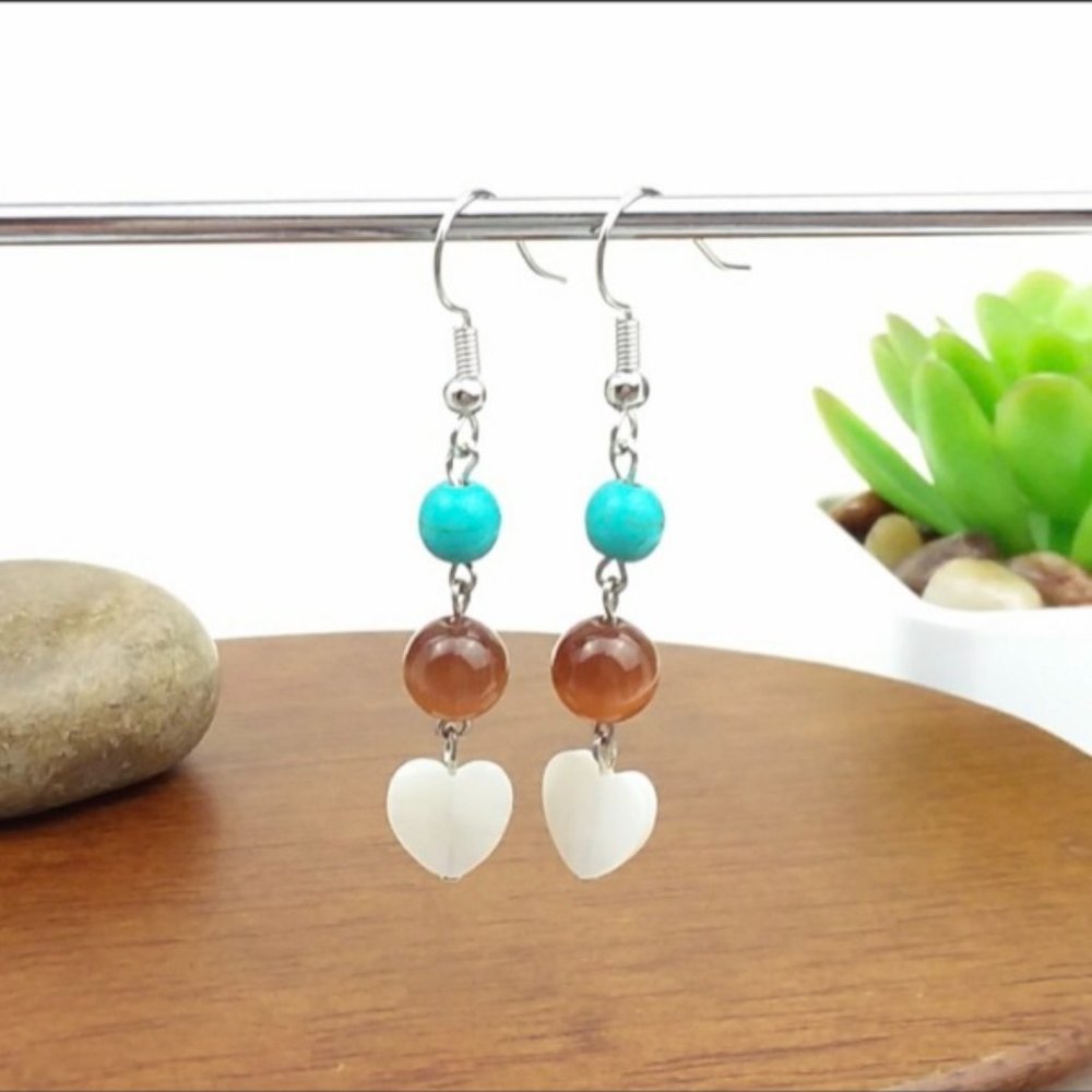 Shell Heart & Turquoise Bead Boho Earrings